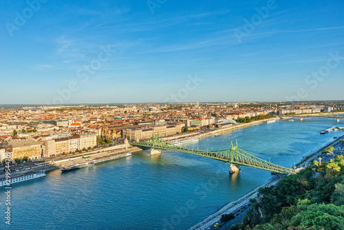 Budapest, Hungary - October 01, 2019: Panoramic cityscape view of hungarian capital city and Danube river of Budapest from the Gellert Hill.