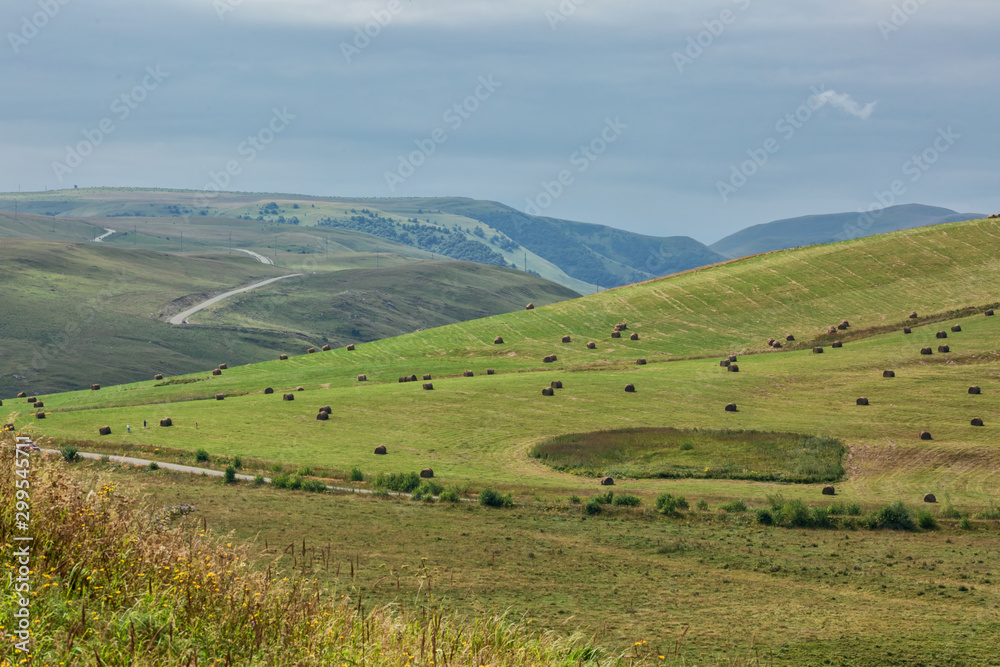 the landscape is a hilly area with bales of hay