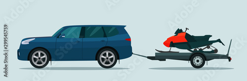 SUV car tows a trailer with a snowmobile. Vector flat style illustration.