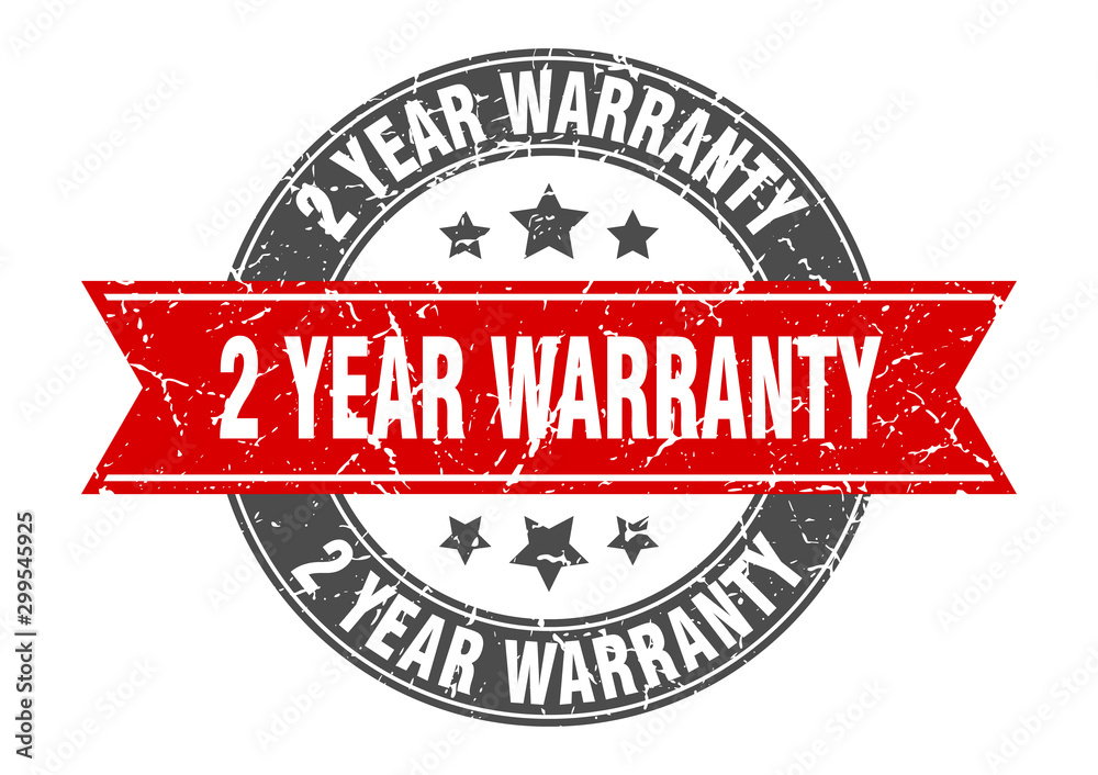 2 year warranty round stamp with red ribbon. 2 year warranty