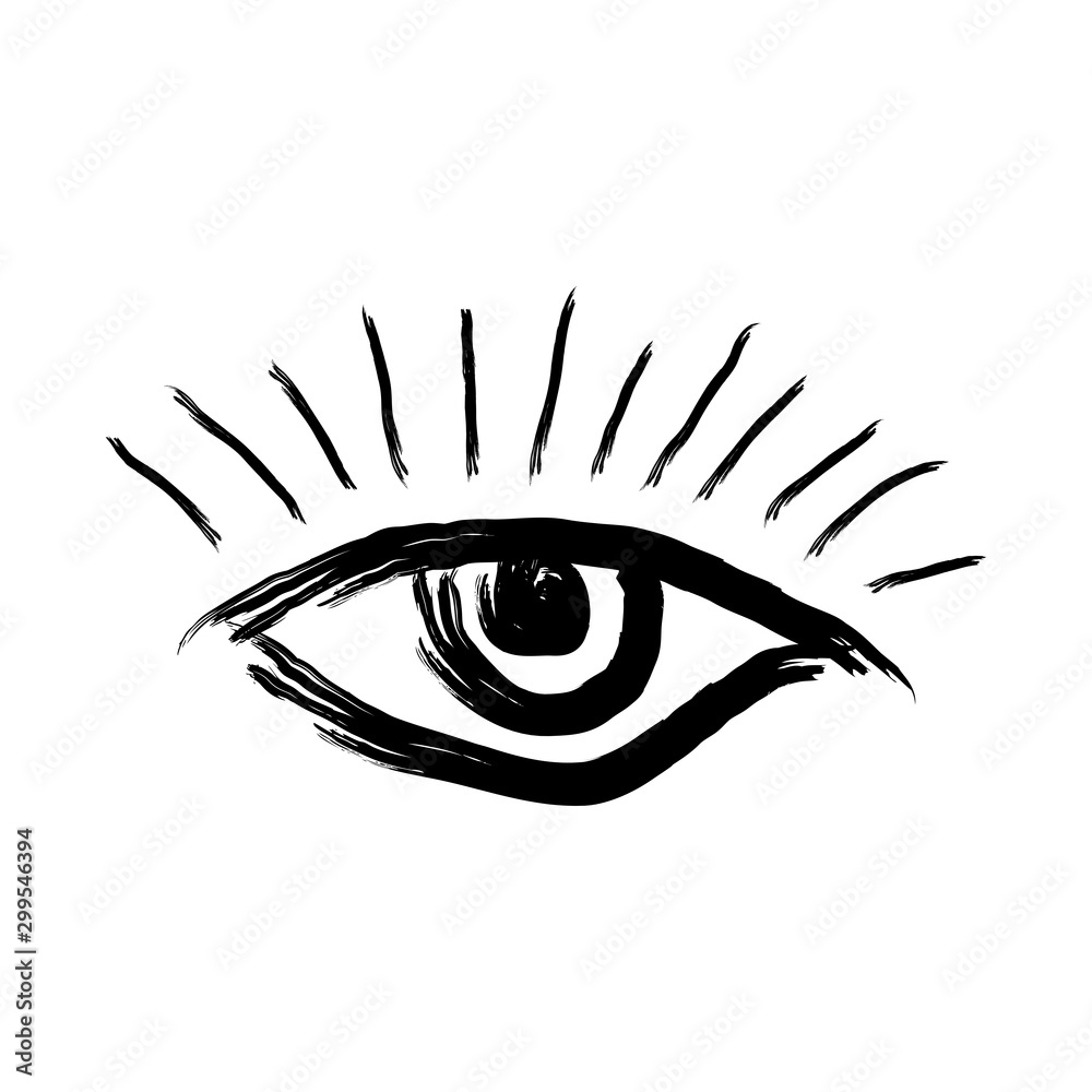 Human eye with eyelashes drawn by hand. Sketch, grunge, graffiti, paint. Isolated vector illustration.