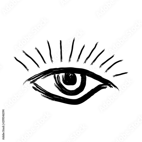 Human eye with eyelashes drawn by hand. Sketch, grunge, graffiti, paint. Isolated vector illustration.