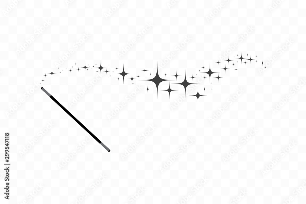 Magic wand with a stars. Trace of black dust. Magic abstract background isolated on on transparent background. Miracle and magic. Vector illustration flat design. - obrazy, fototapety, plakaty 