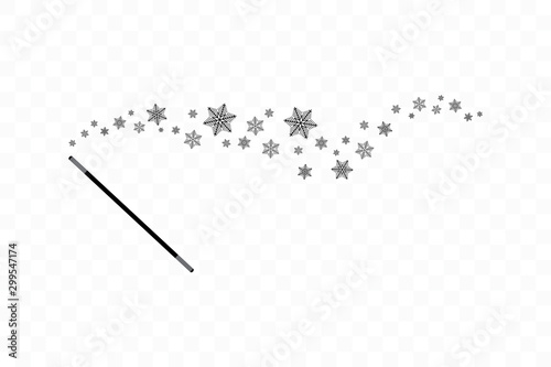 Magic wand with a snowflakes. Trace of black dust. Magic abstract background isolated on on transparent background. Miracle and magic. Vector illustration flat design.