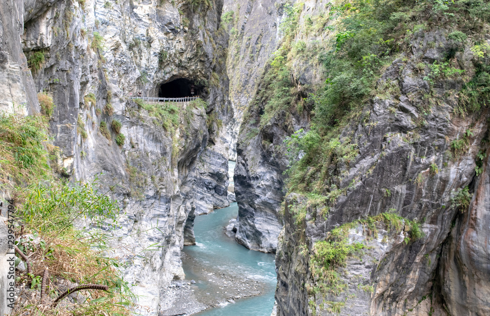 Winding Taroko Gorge River and Tunnel Entrance near Cliff - Taroko National Park, Taiwan