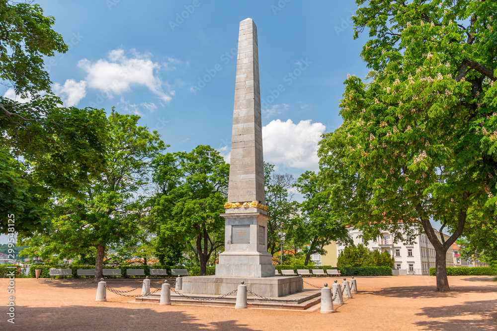 Park Denisovy Sady with Obelisk for Franz I in Brno, Czech Republic.