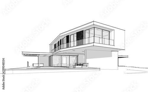 3d rendering of modern cozy house on the hill with garage and pool for sale or rent. Black line sketch with soft light shadows on white background.