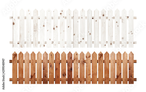 A collection of brown and white wooden fence isolated on a white background that separates the objects. There are Clipping Paths for the designs and decoration