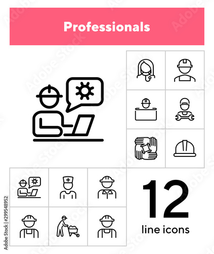Professionals line icon set. Set off line icons on white background. Doctor, engineer, builder. Job concept. Vector illustration can be used for topics like career, sociality, business