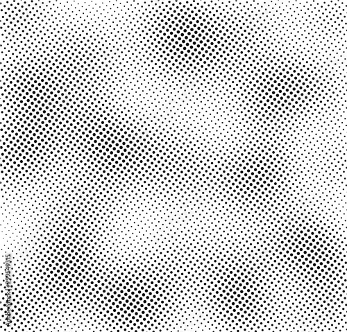 Black and white grunge halftone dots. Dotted texture. Halftone dots background. Abstract geometrical card of round shape.Screen print. Vector illustration. 