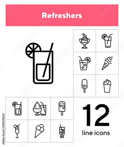 Refreshers line icon set. Cola, ice cream, lemonade. Drink concept. Can be used for topics like cafe, menu, food