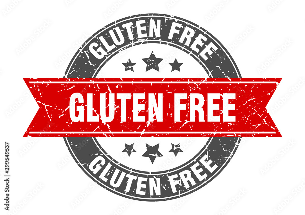 gluten free round stamp with red ribbon. gluten free