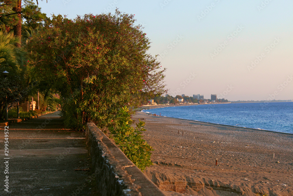 View of the beach at the Gagra resort in Abkhazia
