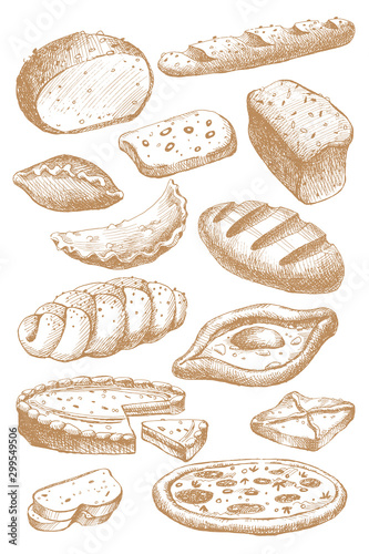 Large set of hand-drawn baked goods, pastries, bread, loaves, pizza and khachapuri. Tasty buns for bakery. Vector illustration on a light isolated background.