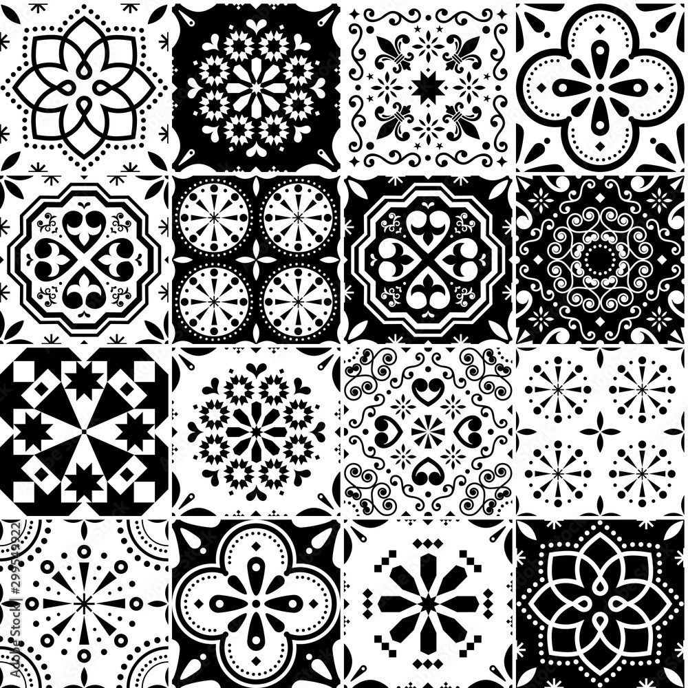 Lisbon Azujelo vector seamless tiles design - Portuguese retro black and white pattern, tile big collection 	