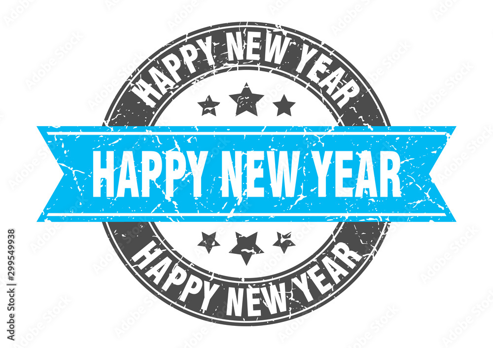 happy new year round stamp with turquoise ribbon. happy new year