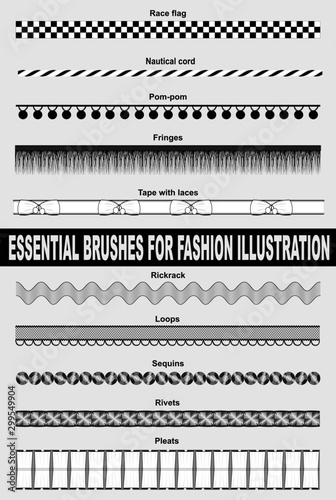 Brushes for fashion and digital illustration. Race flag, nautical cord, pom-pom, fringes, tape with laces, rickrack, loops, sequins, rivets, pleats.