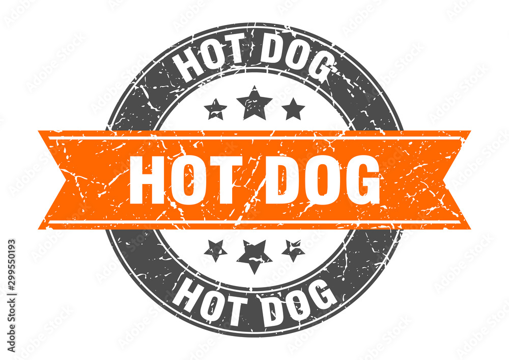 Fototapeta premium hot dog round stamp with orange ribbon. hot dog