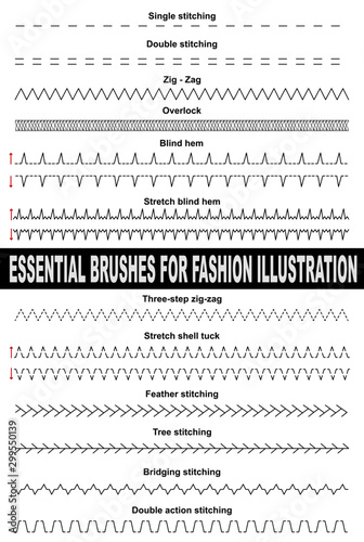 Brushes for fashion illustration. Single stitch, double stitch, zig zag, overlock, blind hem, chain, feather, three-step. Colorable and customizable brushes.