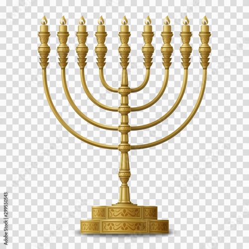 Gold colored Hanukkah menorah, nine-branched candelabrum. Vector illustration. photo