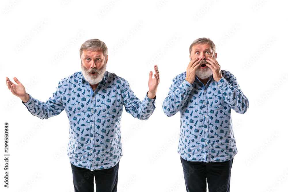 Senior man arguing with himself on white studio background. Concept of human emotions, expression, mental issues, internal conflict, split personality. Half-length portrait. Negative space. Shocked. Senior man arguing with himself on white studio background. Concept of human emotions, expression, mental issues, internal conflict, split personality. Half-length portrait. Negative space. Shocked.
