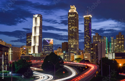 Skyline of Downtown Atlanta and Blurred Highway Traffic at Dusk - Atlanta, Georgia, USA