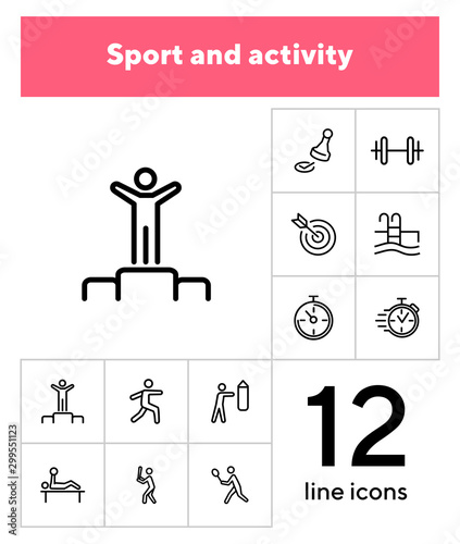 Sport and activity icons. Set of line icons on white background. Stop watch, sportsman. Active lifestyle concept. Vector illustration can be used for topics like competition, swimming, boxing