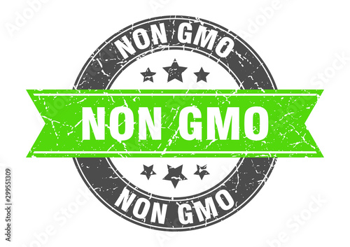 non gmo round stamp with green ribbon. non gmo