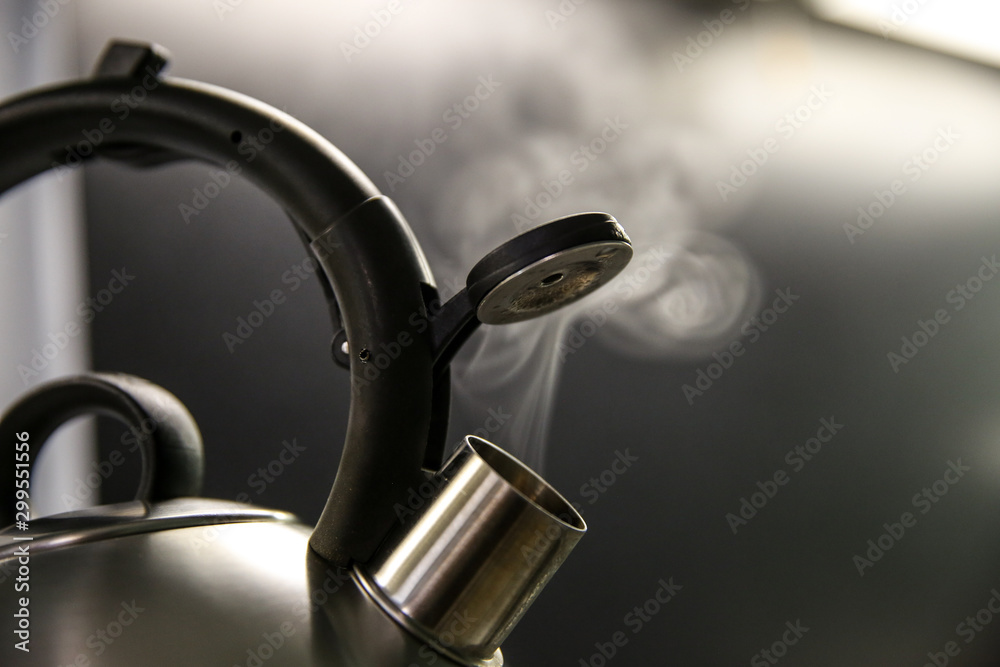 kettle with boiling water. whistle on a boiling kettle closeup. steam from the kettle through the opened whistle. spout of kitchen kettle kettle with boiling water. whistle on a boiling kettle closeup. steam from the kettle through the opened whistle. spout of kitchen kettle