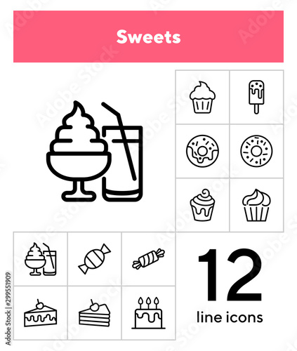 Sweets line icon set. Set of line icons on white background. Confectionery concept. Ice-cream, pie, cake, caramel. Vector illustration can be used for topics like confectionery, sweet, cafe