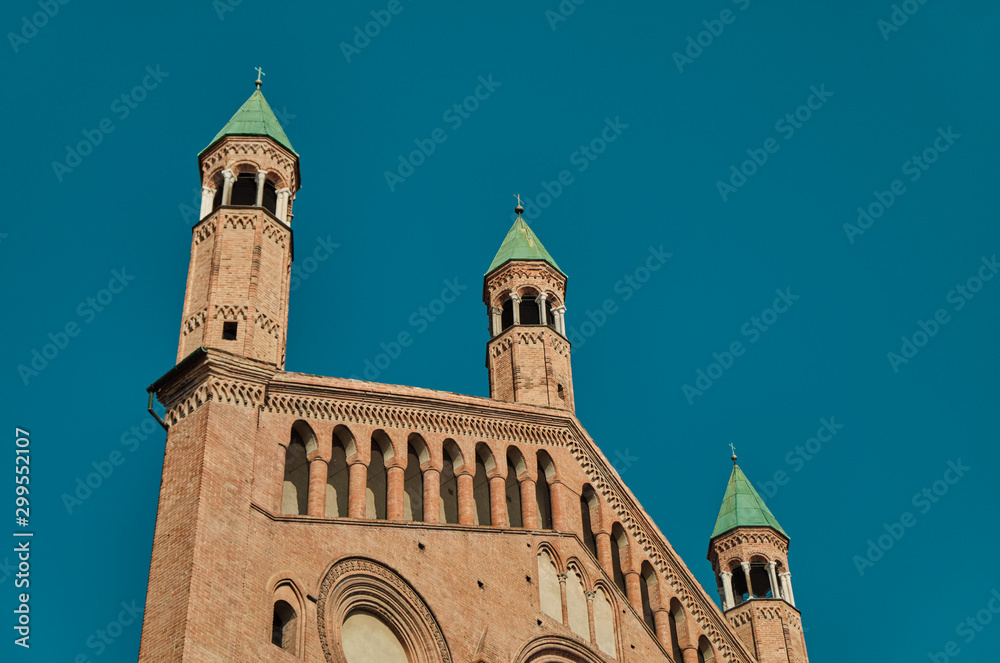 Cremona Cathedral with the adjoining baptistery and famous Torrazzo bell tower- market square Piazza Duomo, Lombardy