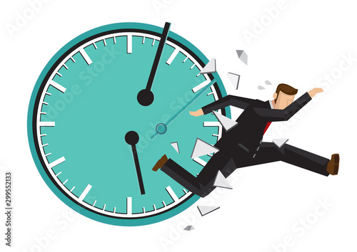 Businessman running with a broken clock behind. Concept of time management or urgency.
