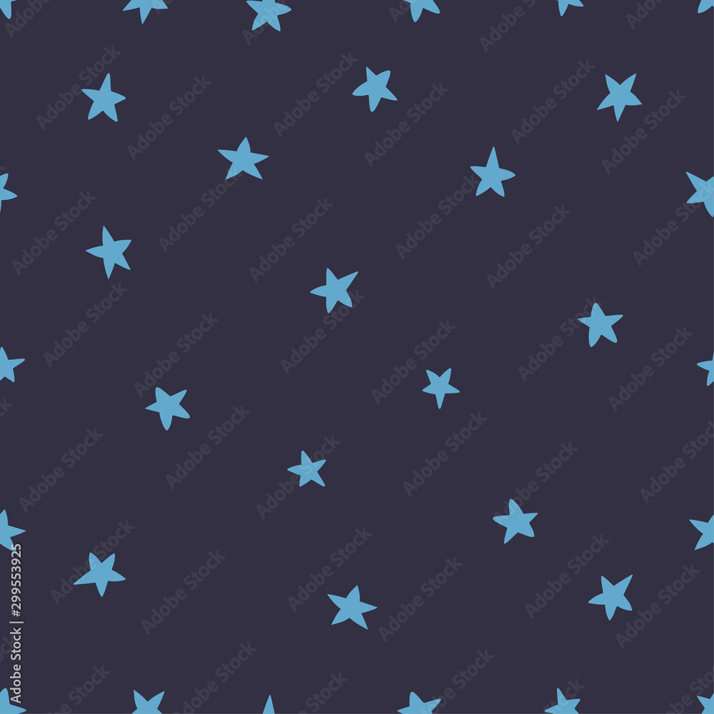 Hand drawn seamless kids pattern. Blue stars of different shapes on a dark background. Print of clothes or wallpaper in the room. Cute doodle vector illustration.