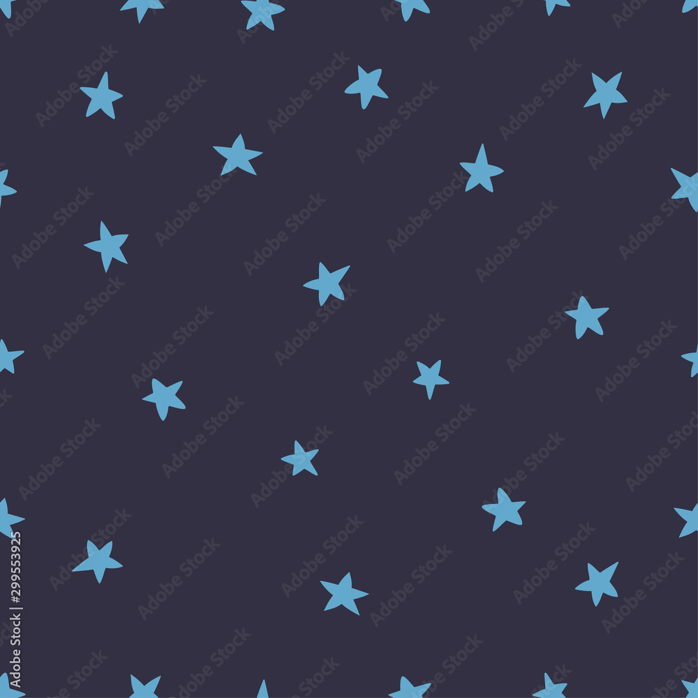 Hand drawn seamless kids pattern. Blue stars of different shapes on a dark background. Print of clothes or wallpaper in the room. Cute doodle vector illustration. Hand drawn seamless kids pattern. Blue stars of different shapes on a dark background. Print of clothes or wallpaper in the room. Cute doodle vector illustration.