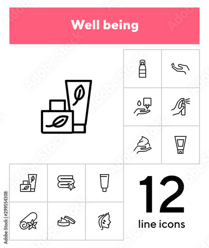 Well being line icon set. Face lifting, facial cream, folded towel. Beautician concept. Can be used for topics like beauty products, spa salon, body care