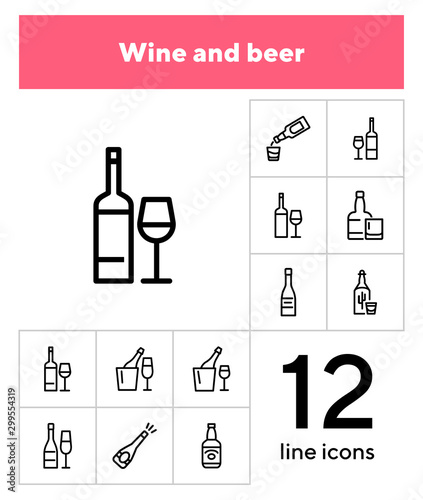 Wine and beer line icon set. Set of line icons on white background. Alcohol concept. Bottle, glass, wine, beer. Vector illustration can be used for topics like bar, alcohol, restaurant