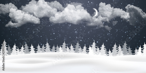 Christmas night background with clouds, moon and falling snow. Winter landscape. Vector illustration