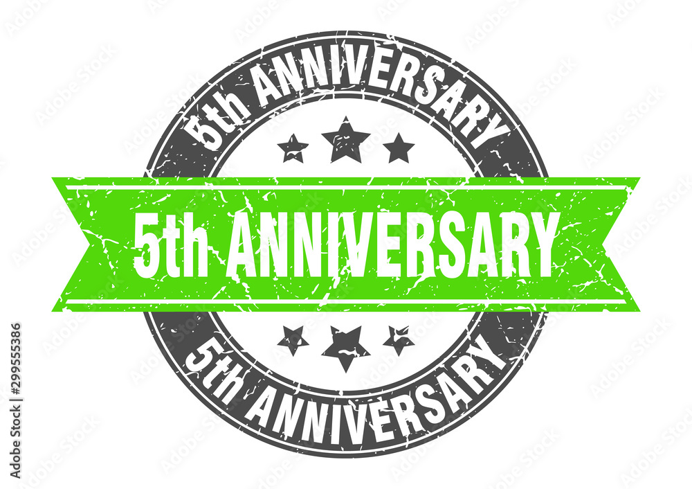 Fototapeta premium 5th anniversary round stamp with green ribbon. 5th anniversary