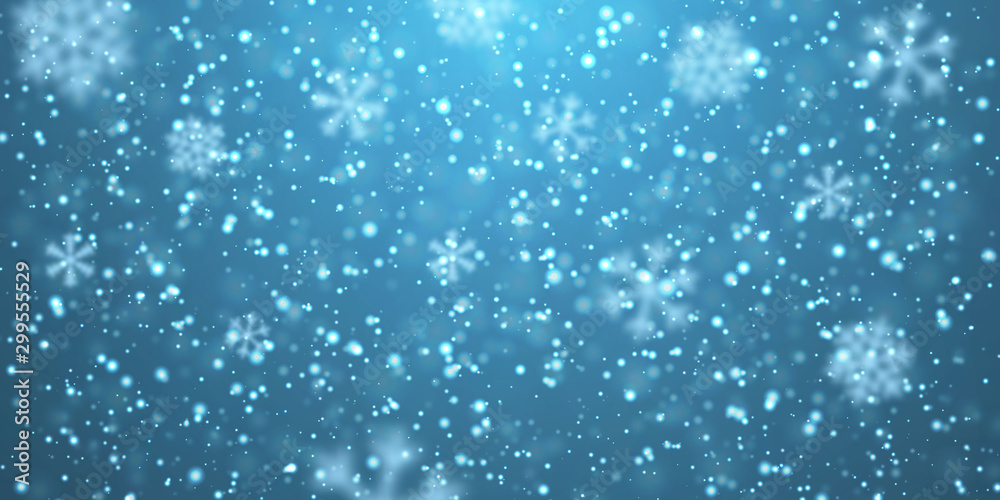 Christmas snow. Falling snowflakes on blue background. Snowfall. Vector illustration - obrazy, fototapety, plakaty 