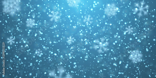 Christmas snow. Falling snowflakes on blue background. Snowfall. Vector illustration