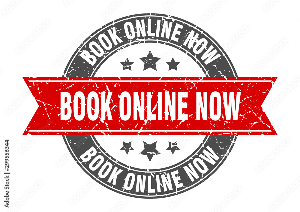 book online now round stamp with red ribbon. book online now