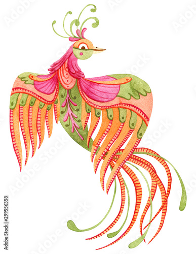 Beautiful watercolor paradise bird. Fairytale hand painted illustration. Isolated on white.