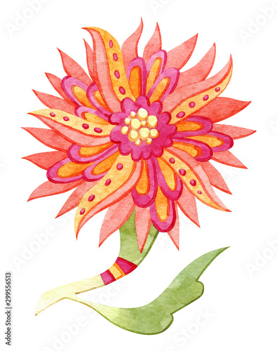 Beautiful watercolor paradise flower. Fairytale folk hand painted illustration. Isolated on white.