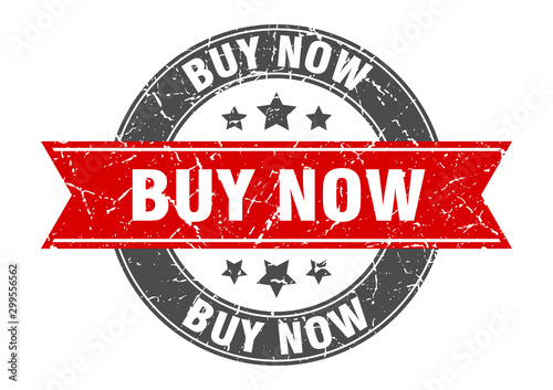 buy now round stamp with red ribbon. buy now