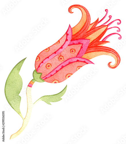 Beautiful watercolor paradise flower. Fairytale folk hand painted illustration. Isolated on white.