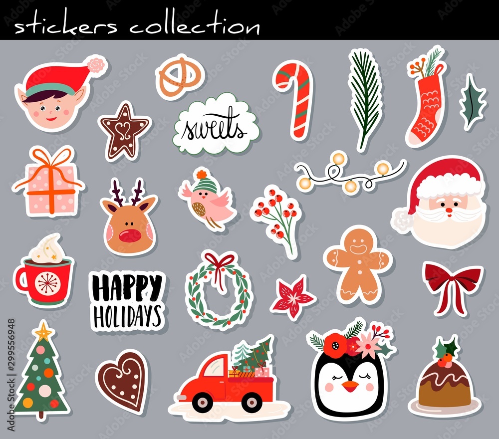 Christmas stickers collection with cute seasonal elements, isolated - obrazy, fototapety, plakaty 