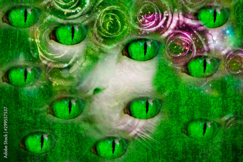 Green background with many cat's eyes