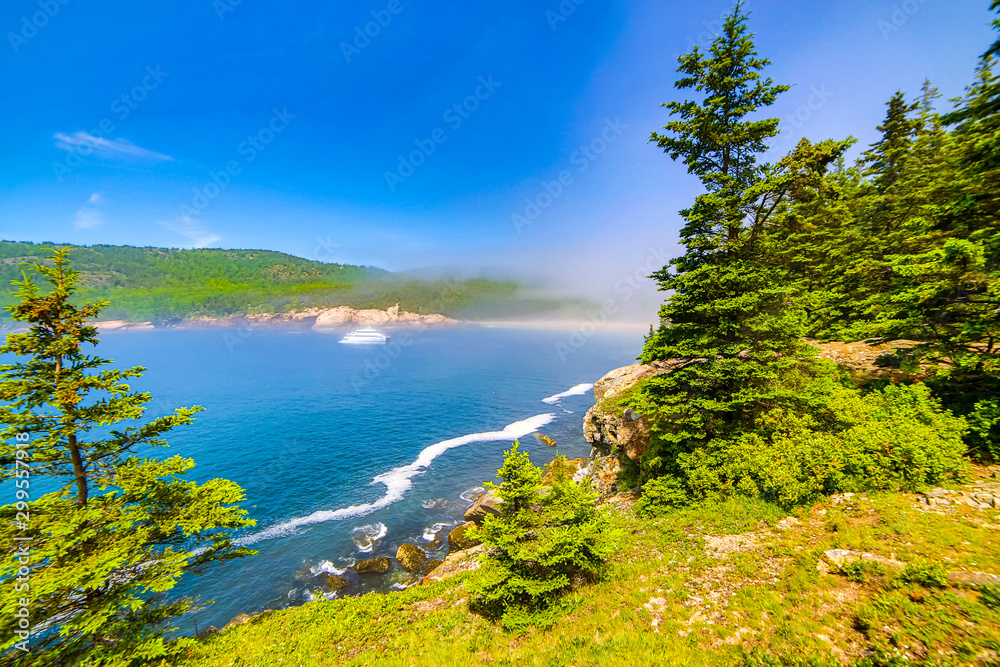 View of Atlantic ocean and foggy Sand Beach in Acadia National Park, Maine View of Atlantic ocean and foggy Sand Beach in Acadia National Park, Maine
