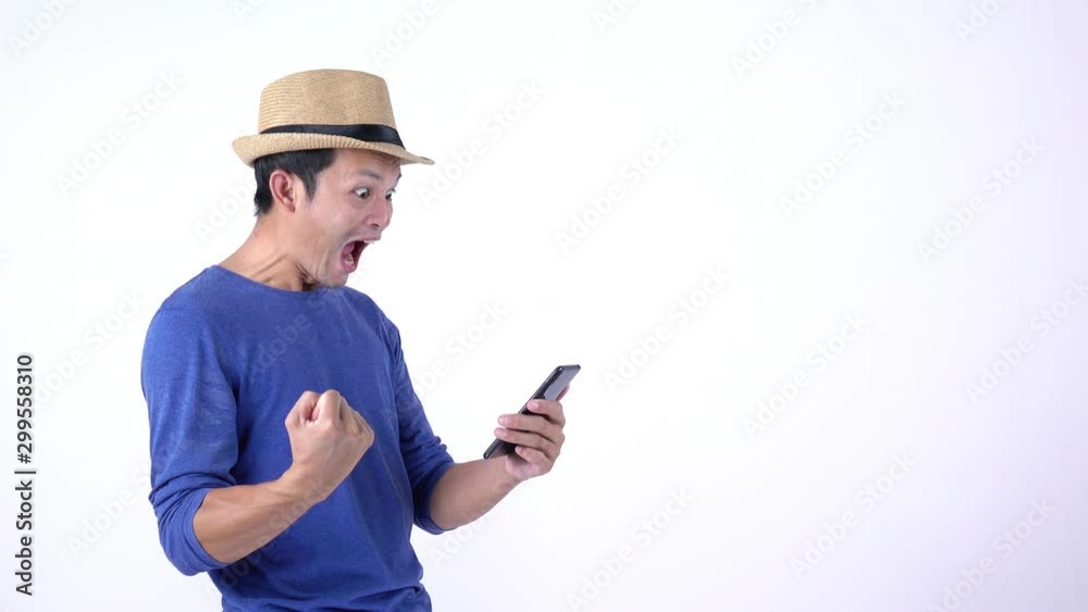 Asian Thai tourist using smart phone for shopping on line on white background Asian Thai tourist using smart phone for shopping on line on white background