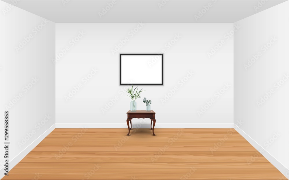 Fototapeta premium picture frame with wooden table in the white room